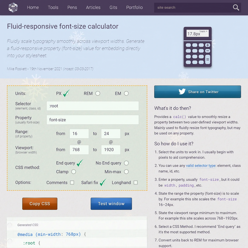 Fluid responsive Font size Calculator Benrito